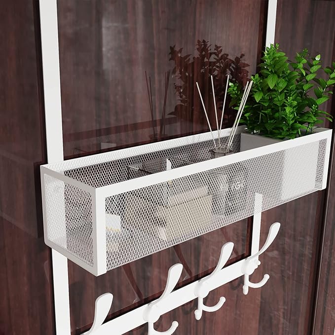 Over The Door Hooks Organizer,Over Door Hanger Towel Rack Mesh Basket with 12 Hooks,Back of Door Storage Organizer for Bedroom,Bathroom,Kitchen,Office(White)