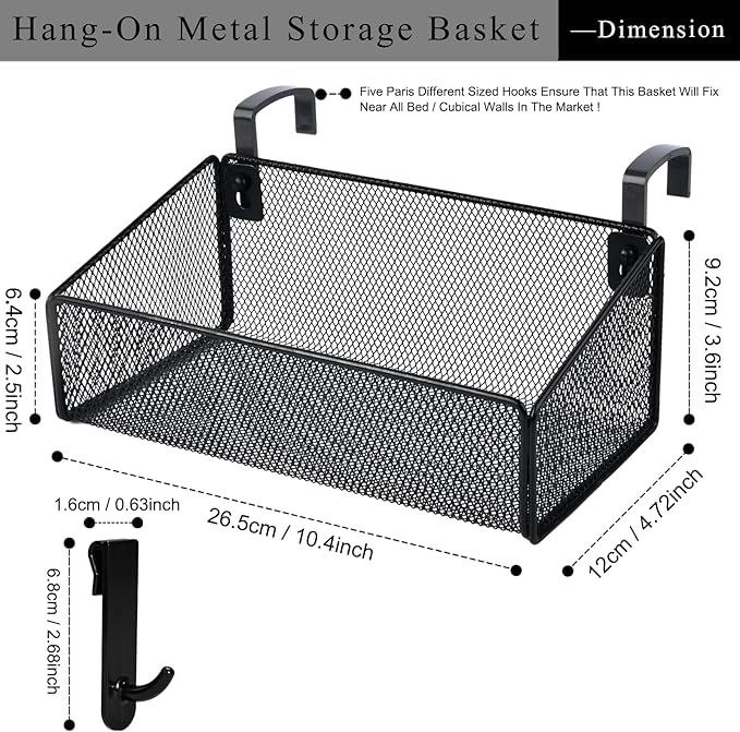 Bedside Caddy Shelf Hanging Storage Basket for Bunk Bed, Office Cubical Walls, Baby Rails, College Dorm Organizer - 5 Pairs Sized Hooks for Phone, Glass, Magazine, Decor (Black)-NeatNest