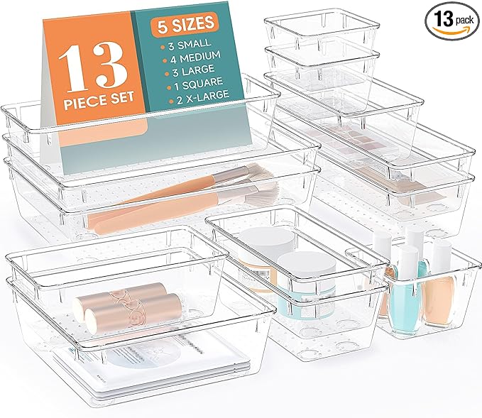 13 PCS Drawer Organizer Set, 5 Varied Size Bathroom and kitchen Drawer cabinet organizer Trays, Clear Storage Bins for Makeup, Jewelry, Utensils and Gadgets-NeatNest