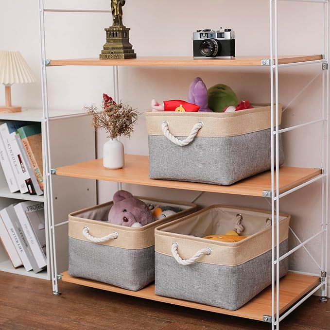 Fabric Storage Basket Set of 3, Foldable Linen Storage Box for Nursery and Home, Collapsible Canvas Shelf Basket for Wardrobe or Bedroom, Grey and Beige
