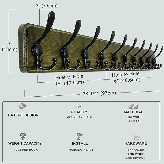 Dseap Coat Rack Wall Mount - 38-1/4" Long, Heavy-Duty, 10-tri-Hooks, Barnwood-Style Wooden Wall Coat Hanger Hook Rail for Winter Coats Hat Jacket Clothing, Weathered Green & Black