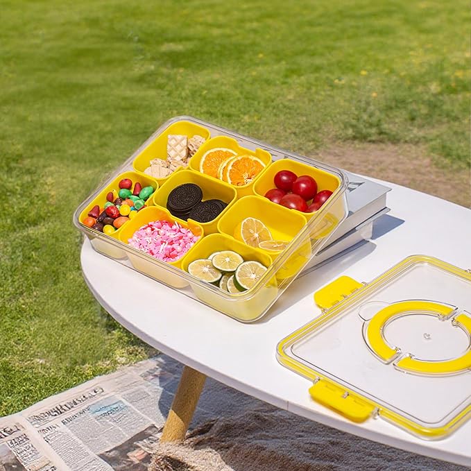 Divided Serving Tray with Lid and Handle - Snackle Box Charcuterie Container for Portable Snack Platters Organizer for Candy, Fruits, Nuts, Snacks - Perfect for Party, Entertaining, Yellow-NeatNest