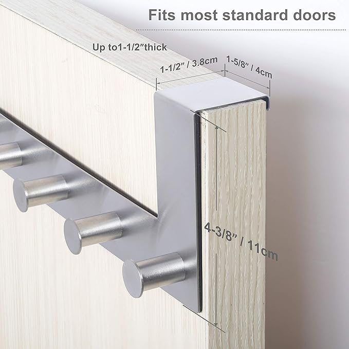 WEBI Over The Door Hooks Door Hanger,Over The Door Towel Rack with 6 Peg Hooks for Hanging,Over Door Coat Rack for Clothes,Back of Bathroom,Silver