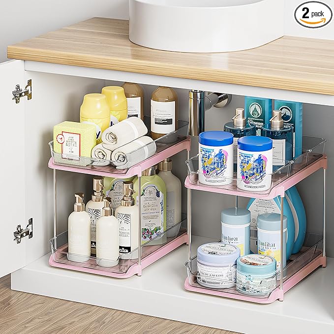 Delamu 2 Sets of 2-Tier Multi-Purpose Bathroom Under Sink Organizers and Storage, Stackable Kitchen Pantry Organization, Pull Out Medicine Cabinet Organizer with 8 Movable Dividers, Pink-NeatNest