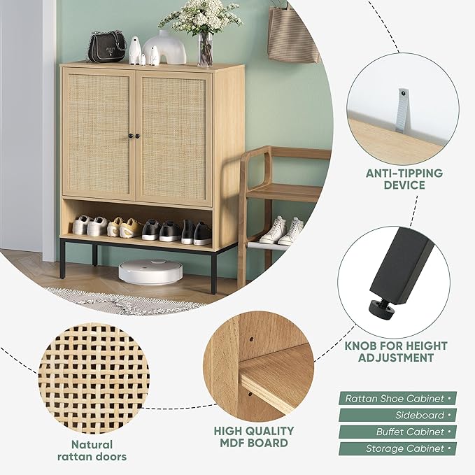 Yechen Natural Rattan Shoe Cabinet, 5-Tier Shoe Rack Storage Organizer with Doors, Metal Legs, Entryway Shoe Cabinet for Modern Heels, Boots, Entrance Hallway (1 Piece, Natural)-NeatNest