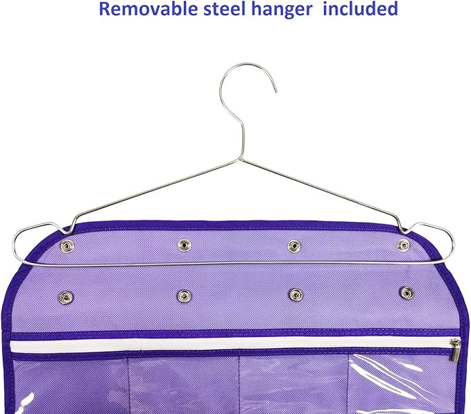 Dual Sided Hanging Jewelry Organizer with Hanger for Closet Necklace Earrings Bracelet Ring Travel Holder (56 Zippered Clear Pockets Purple)-NeatNest