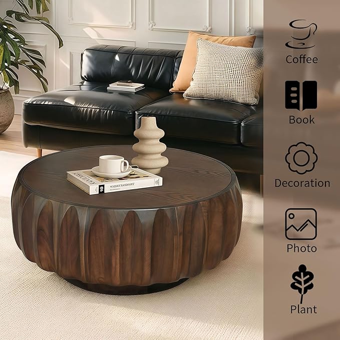 31.5" Drum Coffee Table Modern Unique Fluted Tea Table Contemporary Wood Round Coffee Table with Fluted Centry Table for Living Room Walnut