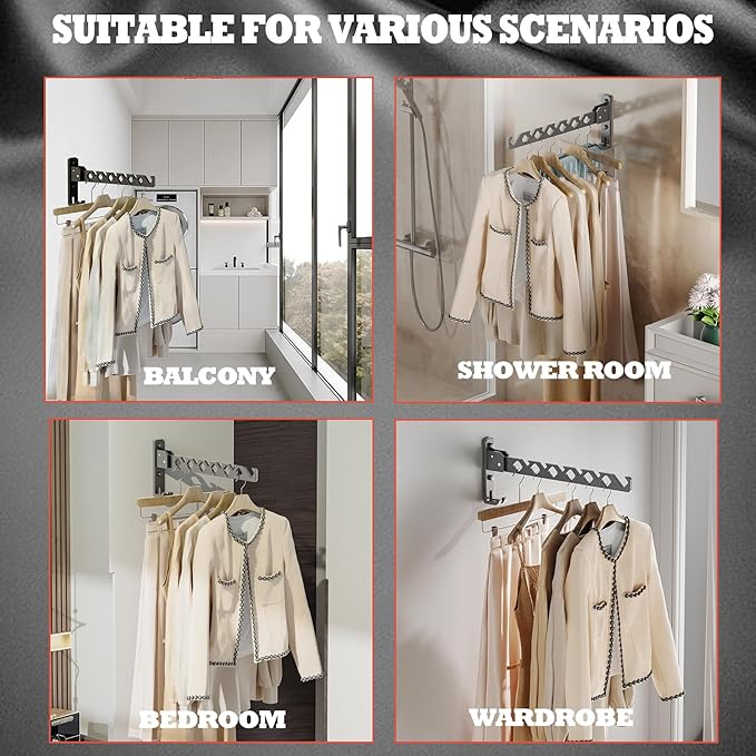 Dr.DJ Wall Mount Coat Hanger Holder Black Clothes Drying Organizer Rack Garment Hooks Aluminium Retractable Folding Indoor Wall Mounted Hanger Space Saver for Laundry Room Bedroom Black 2Pack-NeatNest