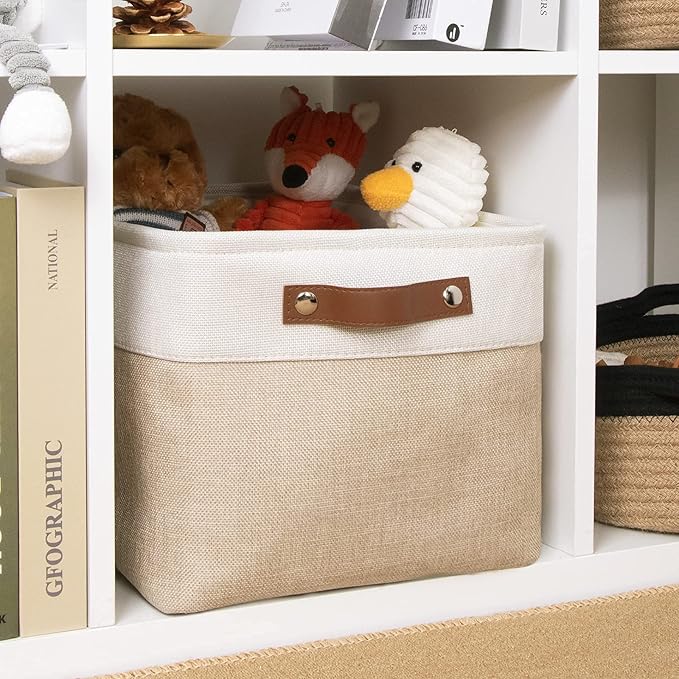 DULLEMELO Collapsible Rectangle Fabric Storage Basket for Organizing Clothes, Toys, Towels, Books, Laundry, Nursery, Dog Toys (White & Khaki)-NeatNest