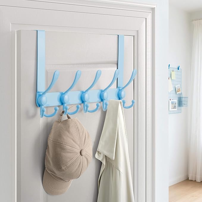 Dseap Over Door Hook 2.0 - Upgraded Version - Simple-Assembly, Strong, Heavy-Duty Stainless Steel 5-Tri-Hook Over The Door Hanger Rack, SimpleStrong Series, Blue