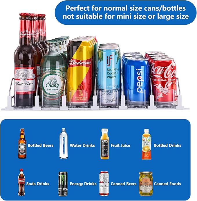 Drink Organizer for Fridge, Soda Can Organizer Dispenser for Refrigerator with Automatic Pusher Glide, Width Adjustable Clear Dividers Can Holder for 30 Cans, 15''D x19''W, 6 Rows