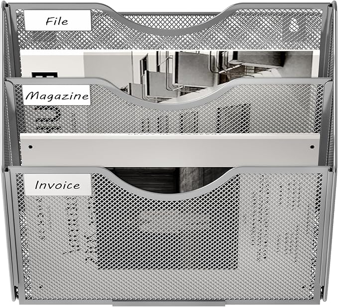 EasyPAG 3 Pocket Wall File Organizer, Silver | Metal Mesh Wall Mounted File Holder | Assembly Hanging Mail Organizer | Replaceable Classify Labels | Office Home Letter Size Paper Storage