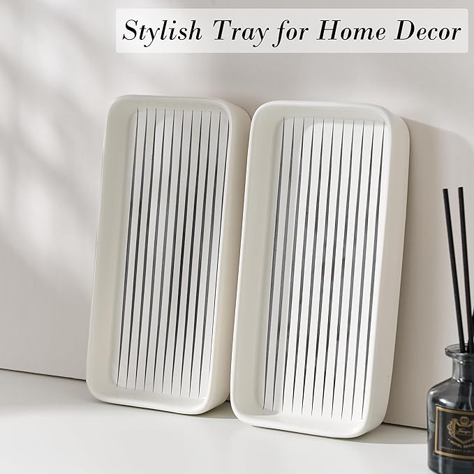 Bathroom Vanity Tray for Countertop,2PC Rectangle Striped Tray,Decorative Bathroom Organizer for Scrubber, Lotion Bottles, Perfume, Jewelry, Candle, Key Trinket Ring(Small,White)-NeatNest