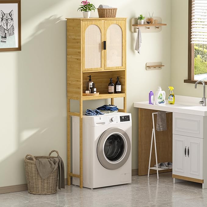 BlueWish Bathroom Organizers and Storage, Bamboo Over The Toilet Storage Cabinet with Inverted U-Shaped Door & Anti-Tip Device, Space Saver, Natural-NeatNest