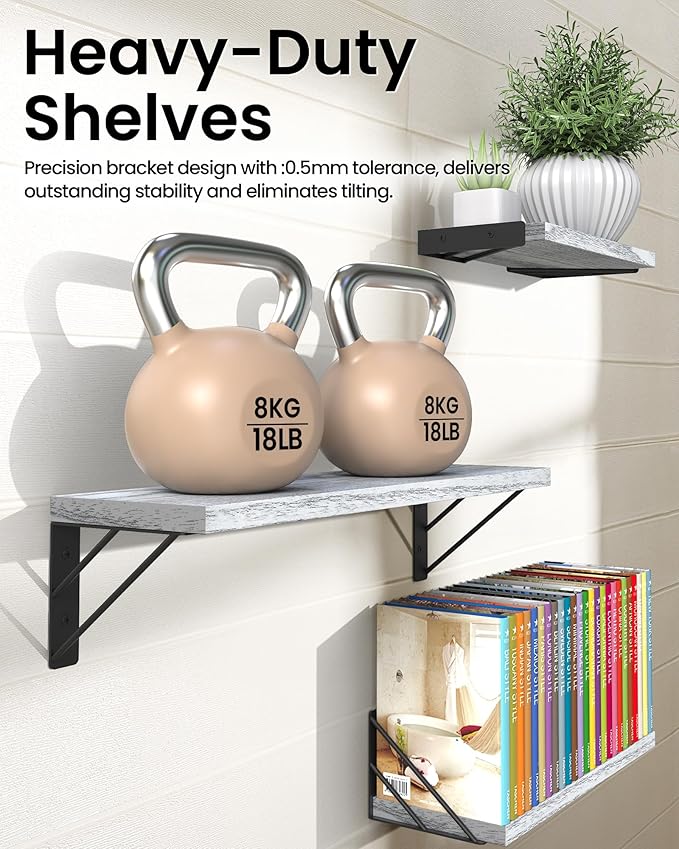 BAYKA Wall Shelves for Bedroom Decor, Floating Wall Shelves for Living Room Kitchen Storage, Wall Mounted Rustic Wood Floating Shelves for Kids Books,Corner Shelves for Bathroom(White,Set of 3)-NeatNest