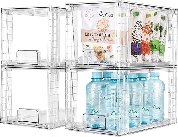 2Pack Large Stackable Kitchen Storage Drawers, Clear Foods Organizer Bins with Handles, Easily Assemble for Bathroom, Kitchen, Pantry, Cabinet, Closet(XL-Down Handle)-NeatNest