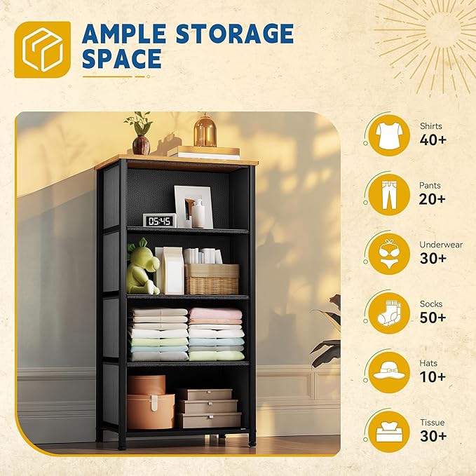 DWVO 4 Drawers Dresser, Dresser for Bedroom, Fabric Storage Tower, Chest of Drawers, Organizer Unit for Closets, Living Room, Sturdy Steel Frame, Wooden Top, Easy Pull Fabric Bins-NeatNest