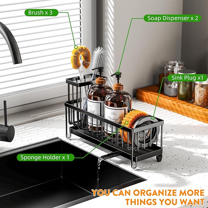 Cisily Extra Large Black Sponge Holder for Kitchen Sink, Sink Caddy Organizer with High Brush Holder, Kitchen Countertop Organizers and Storage Essentials, Rustproof 304 Stainless Steel-NeatNest