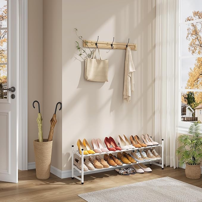Tajsoon Expandable Shoe Rack for Closet 2 Tier, 28“-41“ Adjustable & Stackable Shoe Shelf Storage, Metal Shoe Rack Organizer for Front Door Entrance, Closet, Garage, Entryway, White-NeatNest
