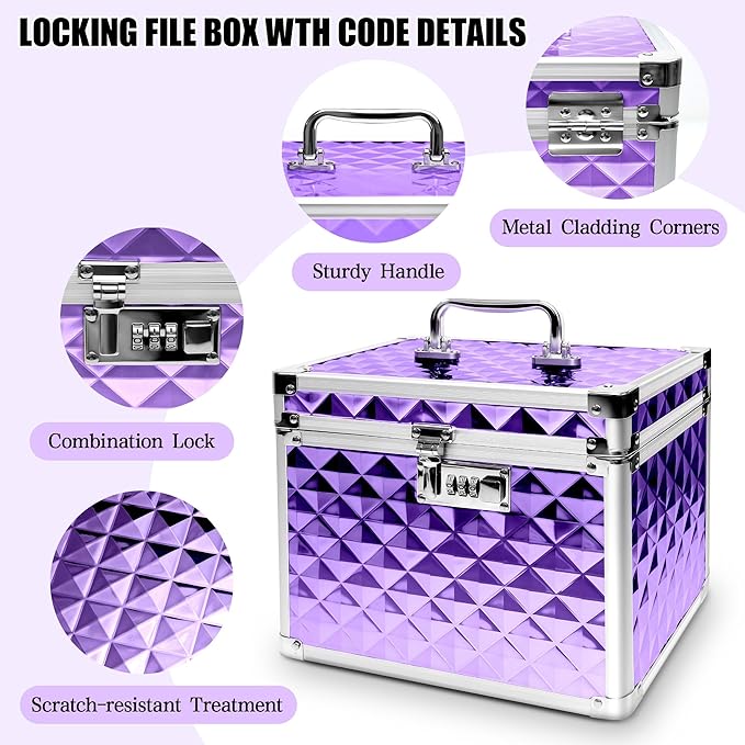 Medication Combination Lock Boxes with Code for Personal Items, Medicine Lockbox for Documents 10 x 7.25 x 7.75 Inches Plaid Purple