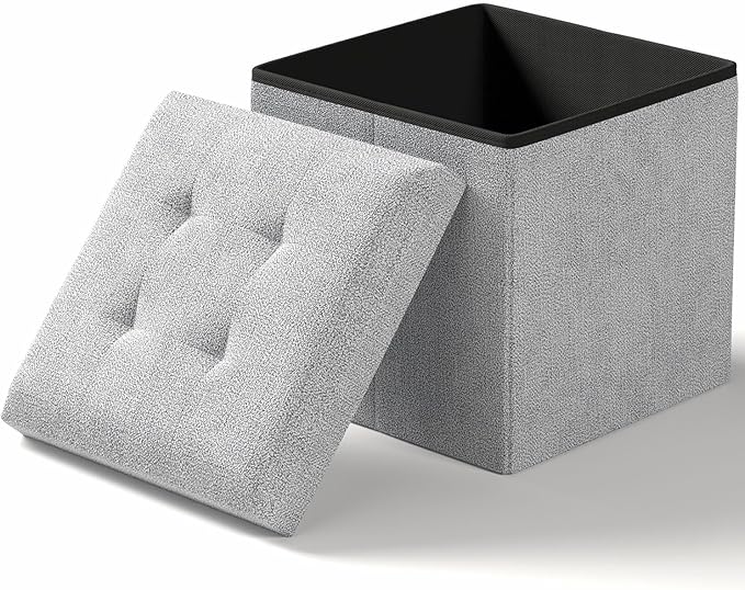 Folding Storage Ottoman Bench, Multi-Functional Ottoman Footrest, End of Bed Bench, Storage Chest for Living Room, Bedroom, Hallway, Entryway, Holds Up to 700 lbs (Light Gray, 15 Inches)