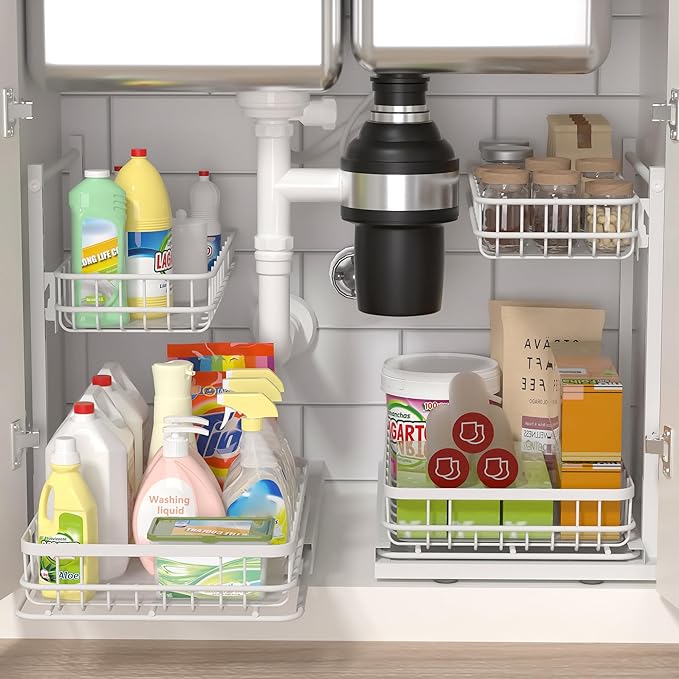 Under Sink Organizer, Adjustable Height Pull-Out Kitchen Storage Organization,15.8" x 11.8" x 16.5",2-Tier Kitchen Shelf,Bathroom Drawer Organizer, White-NeatNest