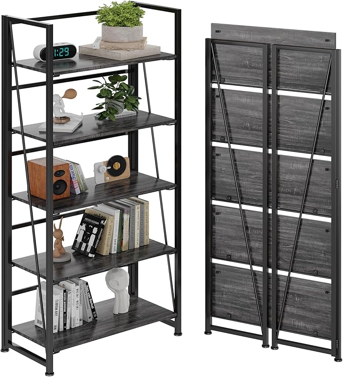 BHG Vintage Multifunctional Folding Bookshelf, No-Assembly Plant Stand Storage Rack Shelves for Home Office (Gray, 5-Tier)-NeatNest