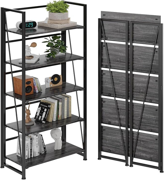 BHG Vintage Multifunctional Folding Bookshelf, No-Assembly Plant Stand Storage Rack Shelves for Home Office (Gray, 5-Tier)-NeatNest