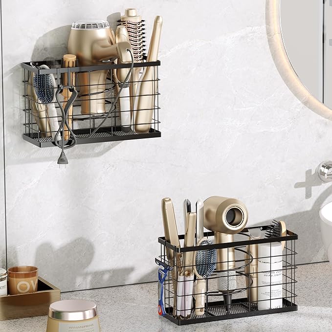 Hair Dryer Holder -3-in-1 Hair Tool Organizer Blow Dryer Holder Adjustable Height, Cabinet Door/Wall Mounted Bathroom Organizer Storage,Heat Safe Rack for Hair Straighteners, Curling Wands, Razor