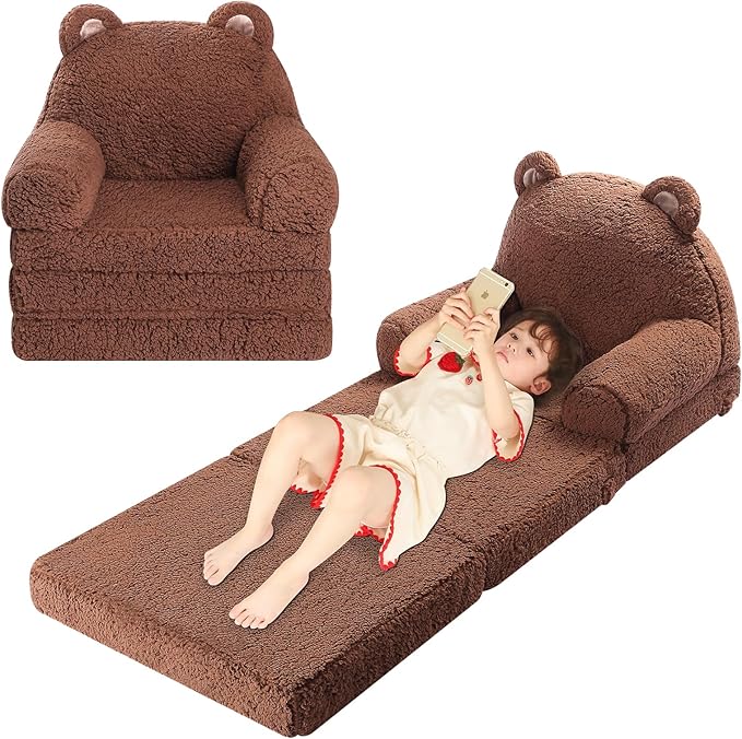 Foldable Kids Sofa, Sherpa Teddy Bear Toddler Couch with Tri Folding Foam Cushions, Comfy Couch for Kids Age 18 Months and Up-NeatNest