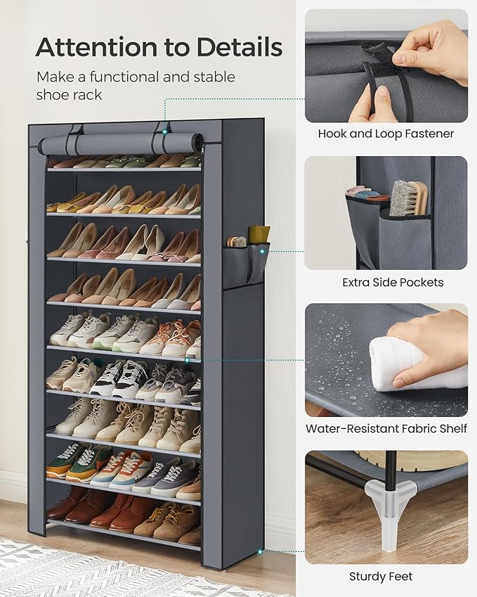 SONGMICS Shoe Rack with Non-Woven Fabric Cover, 9 Tier Storage Shelf for 40-50 Pairs of Shoes, Entryway, Suitable for Sneakers, High Heels, Flats, and Boots, Grey RXJ36G01-NeatNest