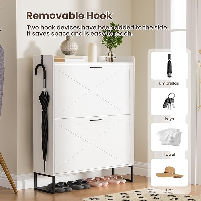 Shoe Cabinet with 2 Flip Drawers, Freestanding Shoe Organizer with Removable Hooks, Narrow Shoe Rack Cabinet for Entryway, Hallway, Living Room, White