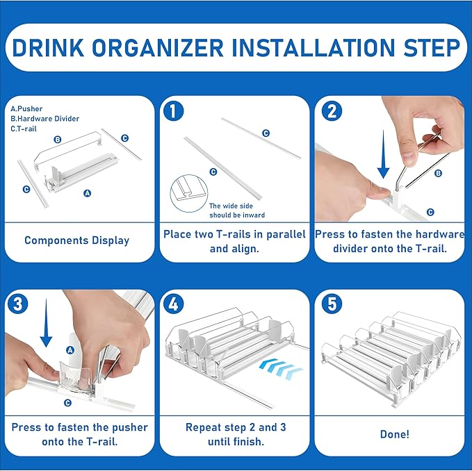 Drink Organizer for Fridge, Soda Can Organizer Dispenser for Refrigerator with Automatic Pusher Glide, Width Adjustable Clear Dividers Can Holder for 30 Cans, 15''D x19''W, 6 Rows