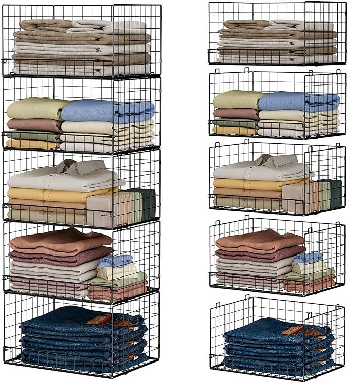 5-Tier Stackable Closet Organizers and Storage Shelves, Closet Shelf Organizer Basket Bins, Foldable Sweater Storage for Closet Organizer System, Black(Patent Pending)