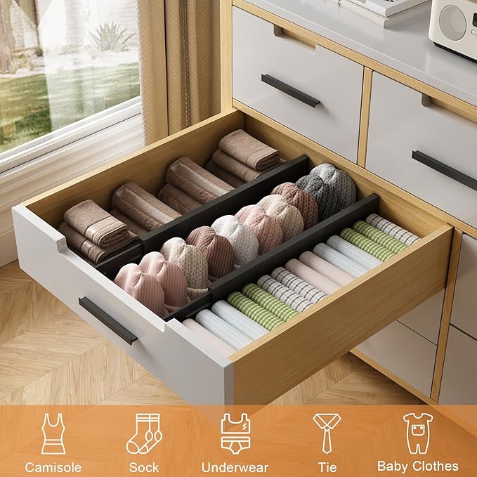 Bamboo Drawer Dividers,17-22" Adjustable Kitchen Drawer Organizer for Clothes,8 Pack Expandable Drawer Organization Separators for Bedroom,Bathroom,Dresser and Office,Black-NeatNest