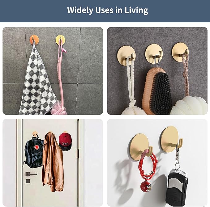 Adhesive Hooks Heavy Duty Waterproof in Shower Hooks for Hanging Loofah, Towels, Clothes, Robes for Bathroom Removable Adhesive Wall Hooks Door Hook Stainless Steel Stick on Hooks 4 Pcs (Gold)