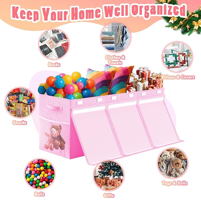 Extra Large Toy Box Toddlers Chest with Lids, Collapsible Sturdy Toy Storage Organizer, Kids Bin Boxes Storage Basket for Boys, Girls, Nursery, Living Room, Playroom, 40"x14"x16" (Pink)