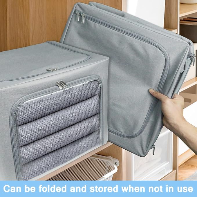 UUBEMM Clothes Storage Bins with Foldable Sturdy Frame,Stackable Storage Box for Closet Shelf Organizers for Seasonal Clothing,Blankets,Towel Bed Sheets,Toys Gift Others (Medium -40L x3PACK, Grey)-NeatNest