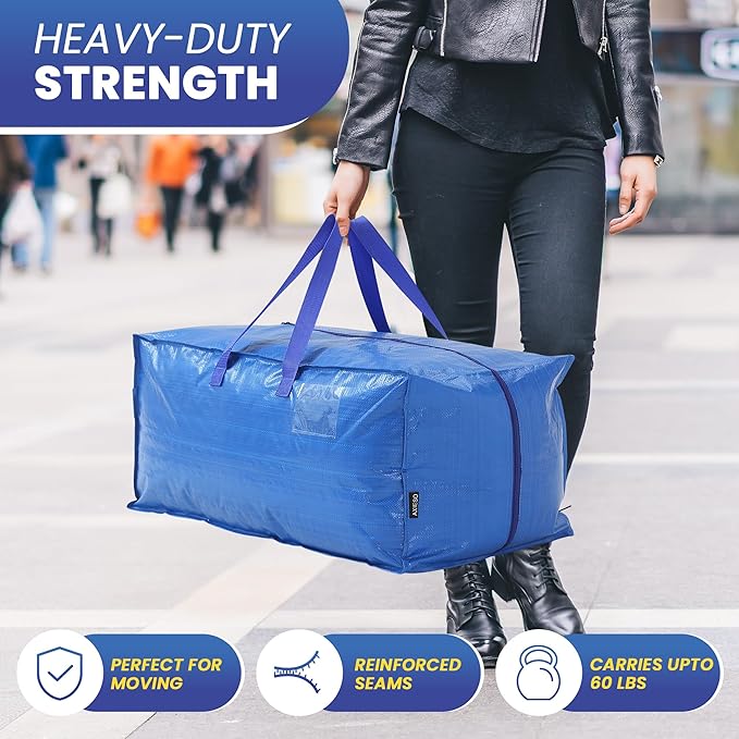 Extra Large Moving Bags - 6-Pack Heavy Duty Storage Duffel - Sturdy Backpack Straps Handles, Zippers - Reusable Moving Storage Bags for Clothes - Folding Collapsible Storage Tote Bag Set – Blue