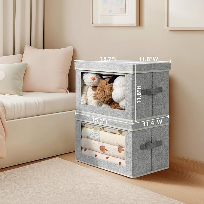 Storage Boxes with Lids - 4 Pack Fabric Clear Window Storage Bins, Large Decorative Storage Bins with Handles, Linen Closet Organizer for Clothes, Towel, Blanket, Light Grey-NeatNest