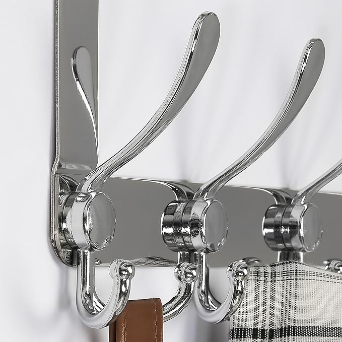 Dseap Over The Door Hook Hanger - 5 Tri Hooks, Heavy Duty Over The Door Towel Rack Coat Rack for Clothes Hat Towel, Chromed, 2 Packs