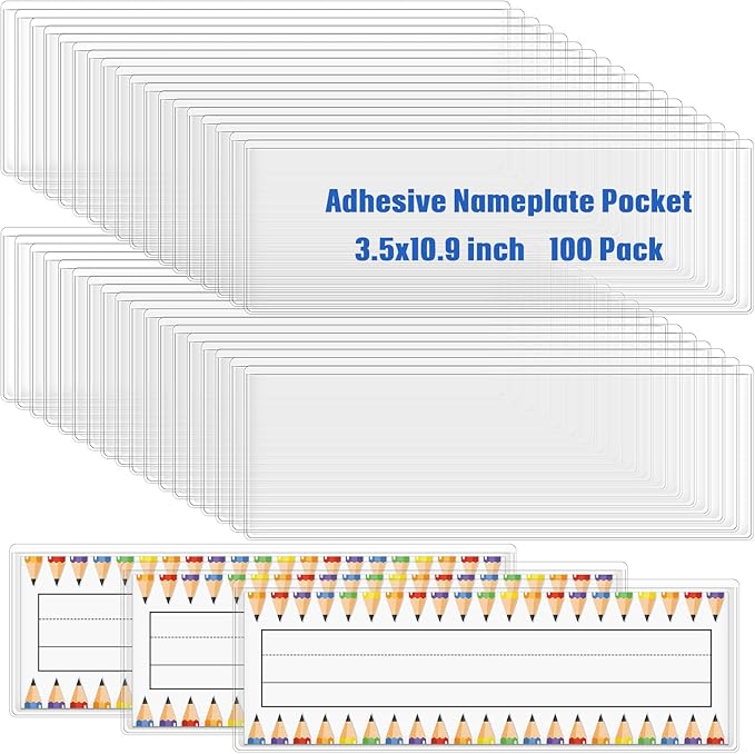 Jeyiour 100 Pcs Label Holders Adhesive Nameplate Pockets Storage Bin Labels Index Card Holder Shelf Plastic Peel Stick for Classroom Supermarket Bookshelf Library Student Box Drawer (3.5 x 10.9 Inch)