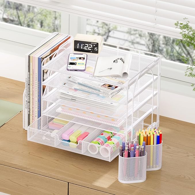 Desk Organizers and Accessories, 5-Tier Paper File Organizer with Drawer & Pen Holder, Office Desk Accessories Workspace Desktop Organizer for Office Supplies (White)-NeatNest