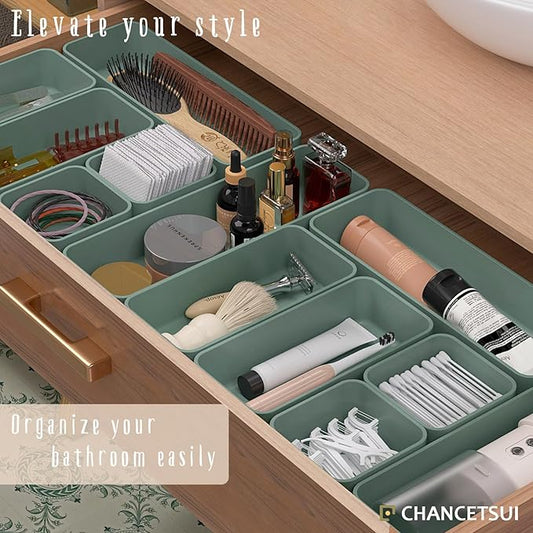 CHANCETSUI 6 PCS Stackable Drawer Organizers Set, Versatile Desk and Vanity Drawer Organizer Trays, Storage Bins for Makeup, Bathroom, Bedroom, Kitchen and Office, Green-NeatNest