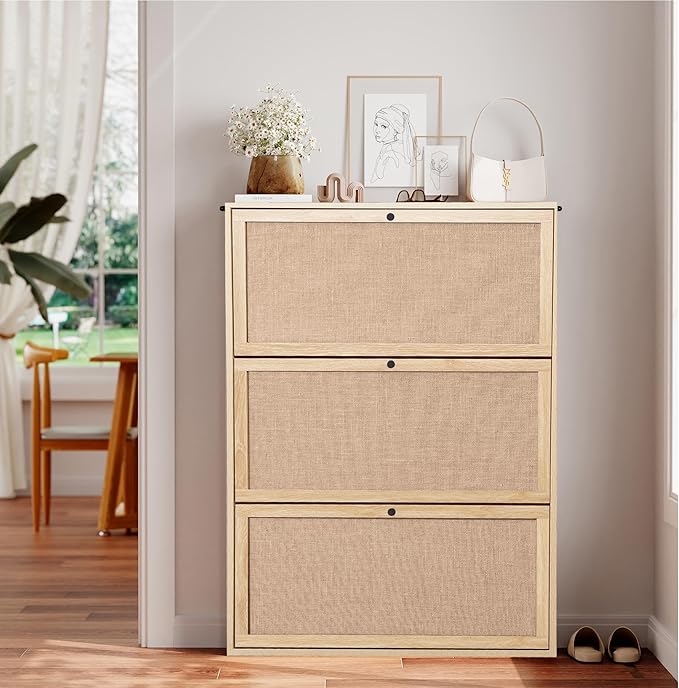 AVZEAR Narrow Shoe Storage Cabinet for Entryway with Natural Linen Panel, Freestanding Slim Shoe Cabinet with 3 Flip Drawers, Wood Shoe Organizer Closed Shoe Rack for Hallway, Living Room(Natural)-NeatNest
