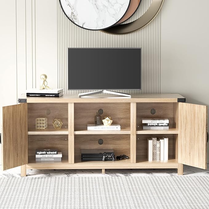 JUMMICO TV Stand, 65 Inch TV Farmhouse Entertainment Center with Double Barn Doors and Storage Cabinets, Console TV Table Media for Living Room, Bedroom (Pale Yellow)-NeatNest