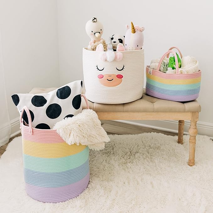 OrganiHaus Pastel Rainbow Basket | Rope Diaper Caddy Basket | Baby Diaper Caddy Organizer | Nursery Basket & Baby Baskets for Newborn Baby Diaper Organizer for Rainbow Decor | Diaper Storage Organizer