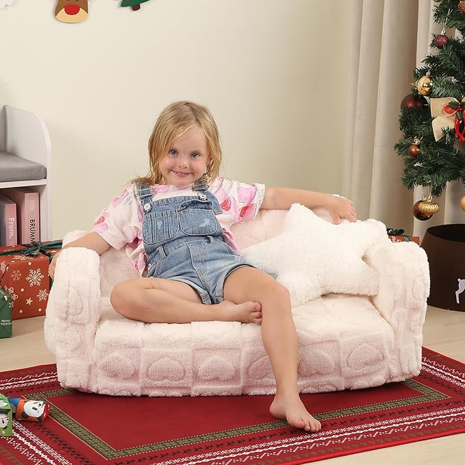 Extra Wider Seating Toddler Couch, 2-in-1 Toddler Soft Couch Fold Out with Star Pillow, Convertible Sofa to Lounger for Girls and Boys, Cream Heart-NeatNest