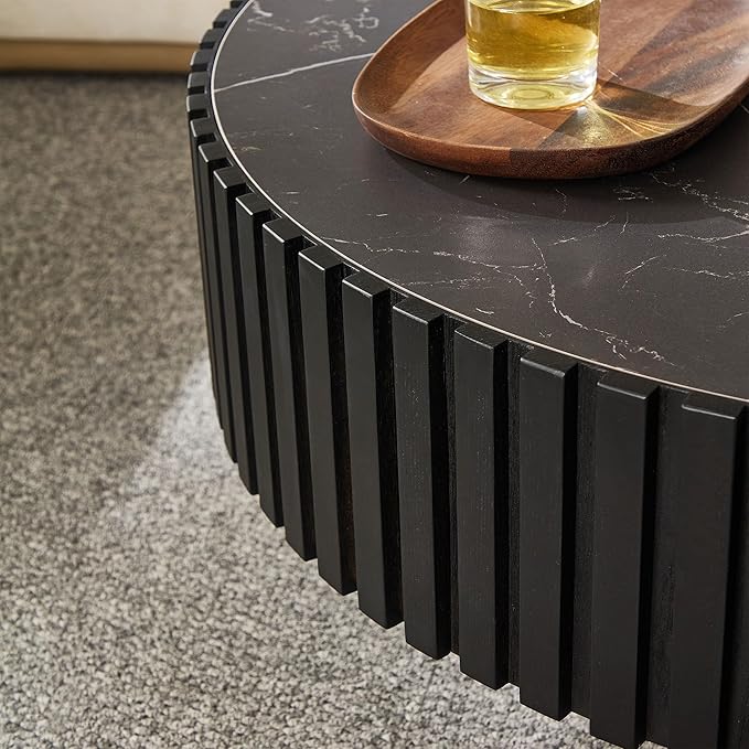 35.43'' Round Coffee Table Wood Circle Coffee Table with Marble Top Pedestal Center Table Fluted Accent Tea Table for Living Room Apartment Office Black