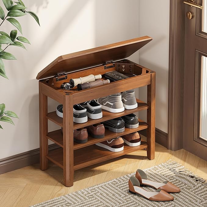 Shoe Rack Bench Seat Rubberwood 3-Tier Wooden Storage Bench 550lbs Compact Mid-Century Modern Design for Entryway, Hallway, Closet, Front Door Entrance, Foyer-NeatNest